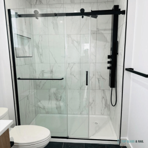 Frameless Sliding Shower Door Black, 56"-60" Width, 79" Height, 3/8" (10 Mm) Clear Tempered Glass, Designed For Smooth Door Closing.